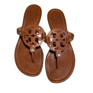 Tory Burch Miller Sandals 10.5 Tan Leather Logo Thong Classic